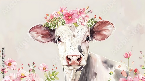 A charming illustration of a cow adorned with flowers, symbolizing nature and beauty. photo