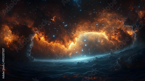 A fiery nebula glows above ...