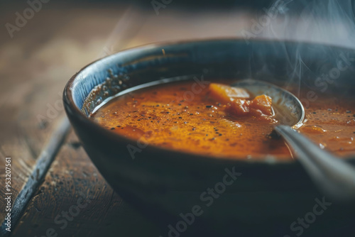 A bowl of soup with a spoon in it photo