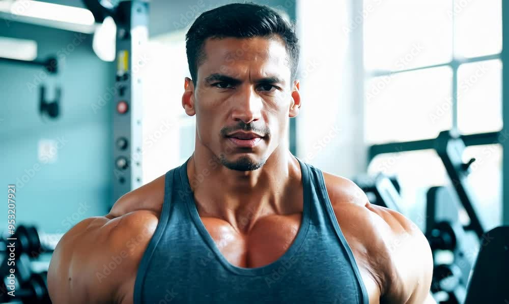 Focused American Man Lifting Dumbbells in Bright Gym Focused American Man Lifting Dumbbells in Bright Gym