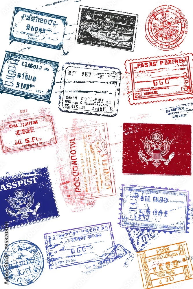 Fototapeta premium Grunge Passport Stamps Collection Travel Immigration USA Europe