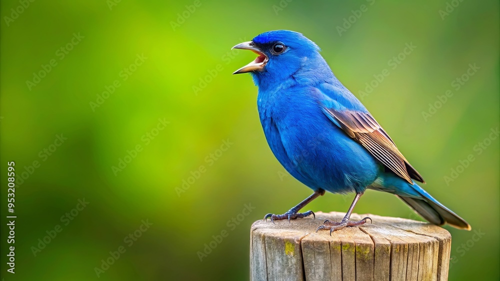 Vibrant indigo bunting bird singing melodiously on a rustic wooden perch Vibrant indigo bunting bird singing melodiously on a rustic wooden perch
