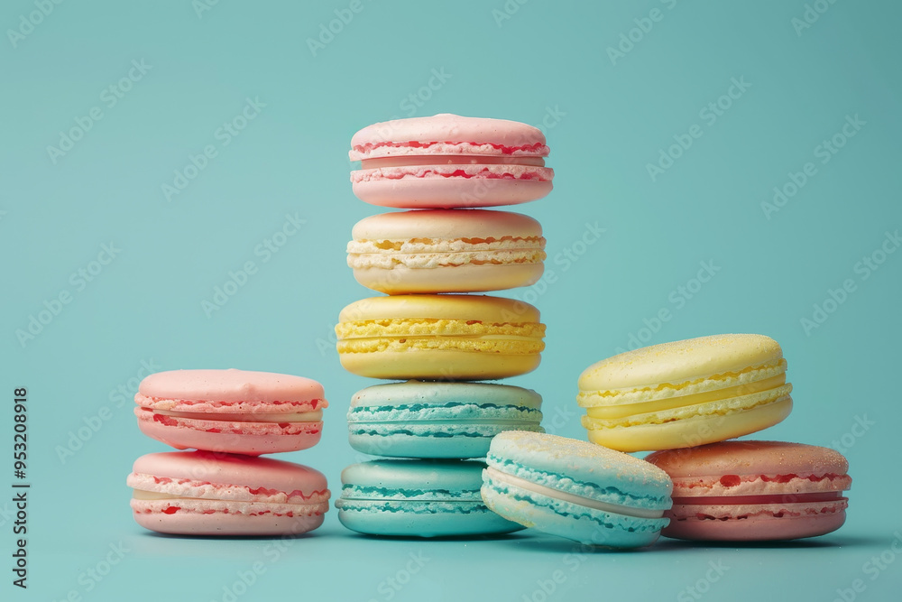 A stack of colorful macarons on a blue background A stack of colorful macarons on a blue background