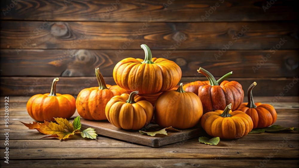 Cluster of pumpkins on a rustic table setting Cluster of pumpkins on a rustic table setting