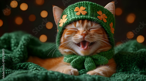 A ginger cat wearing a gree...
