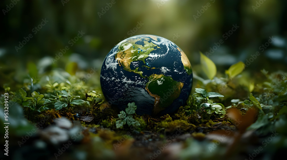 A globe rests on moss and foliage in a forest. A globe rests on moss and foliage in a forest.