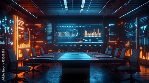 Futuristic Conference Room with Data Visualizations