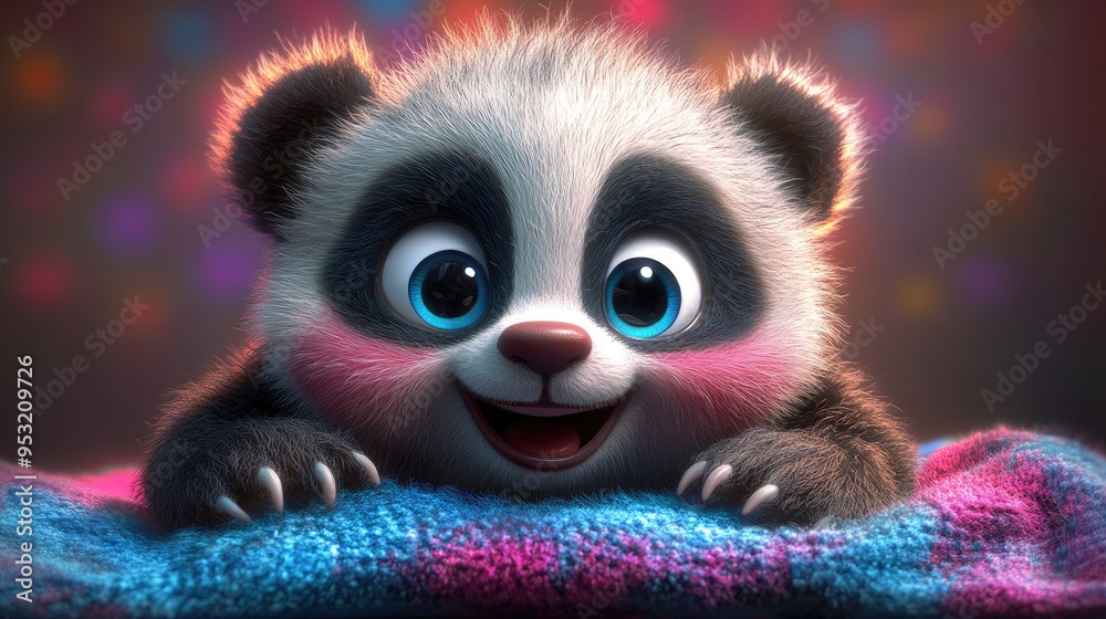 A cute animated panda character with big eyes and a joyful expression on a colorful background.