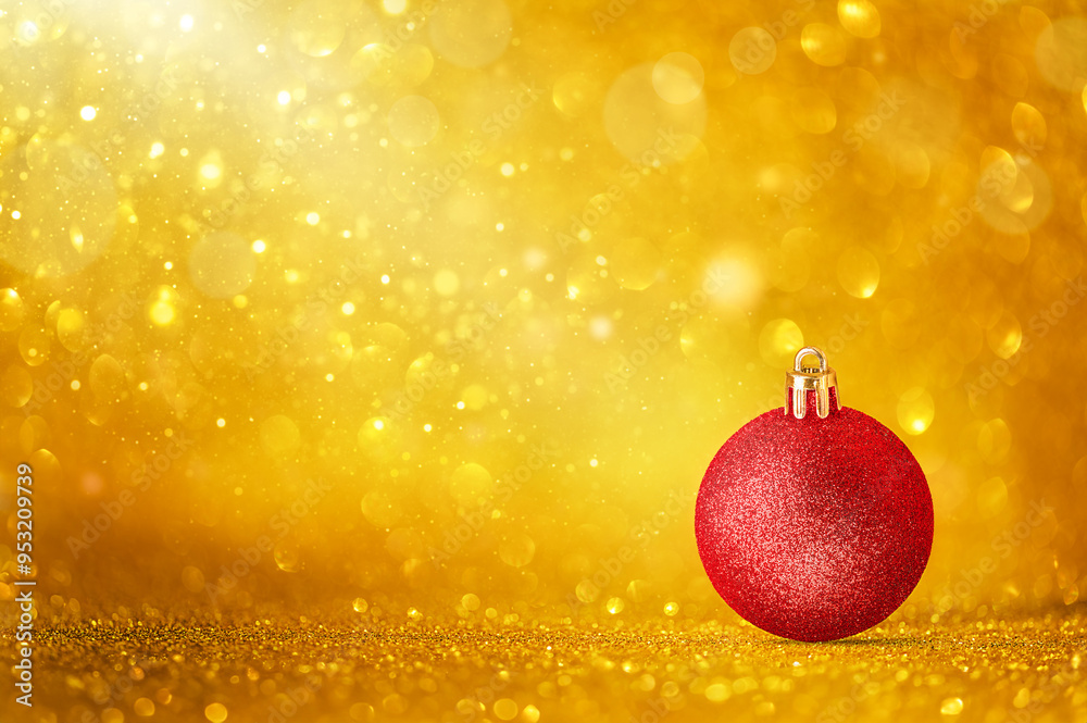 Red Christmas ornaments on golden holiday background with twinkle bokeh light. Red Christmas ornaments on golden holiday background with twinkle bokeh light.