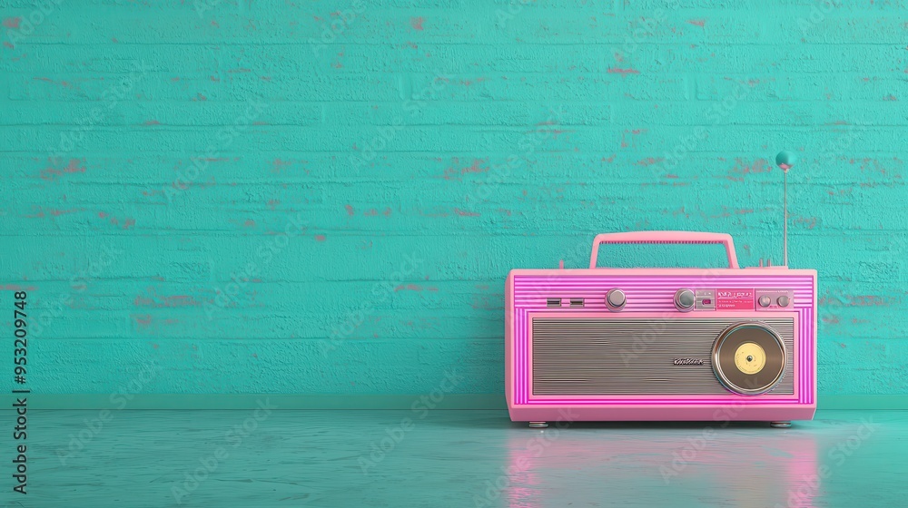 Obraz premium Retro Pink Radio on Turquoise Wooden Background