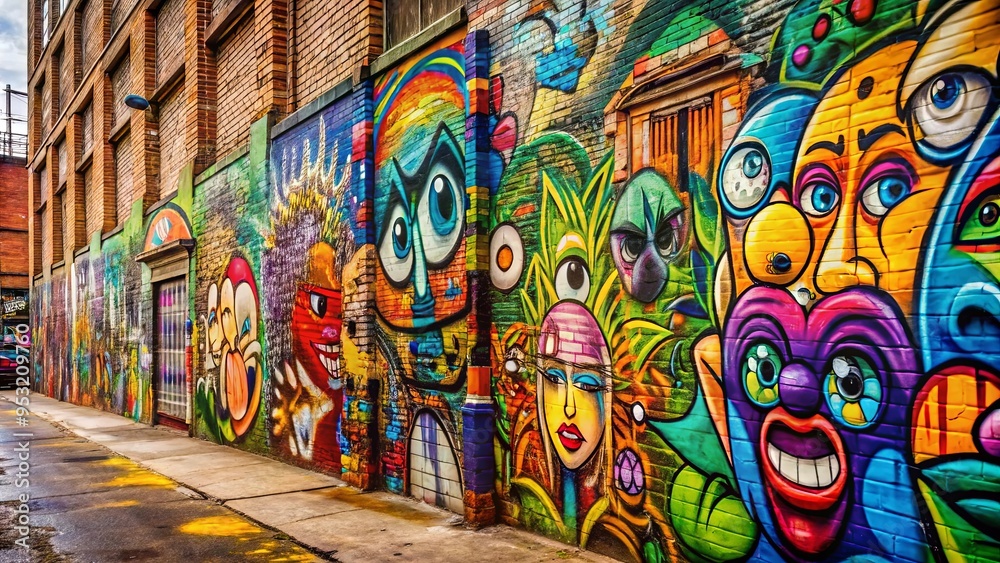 Graffiti drawings on an old wall with multicolored background, showcasing street art culture Graffiti drawings on an old wall with multicolored background, showcasing street art culture