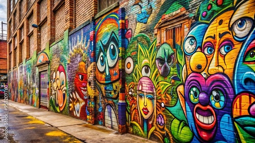 Graffiti drawings on an old wall with multicolored background, showcasing street art culture