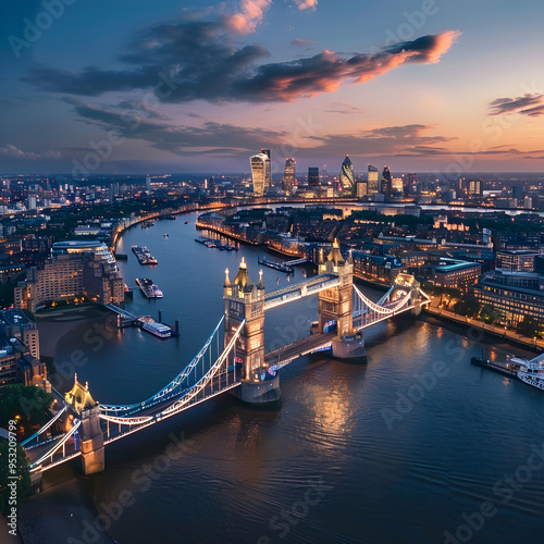 Aerial view of the illuminated tower bridge and skyline of london at sunset with dramatic sky