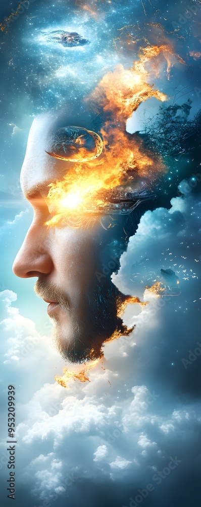 Man's Face Burning With Fire in the Sky. Man's Face Burning With Fire in the Sky.