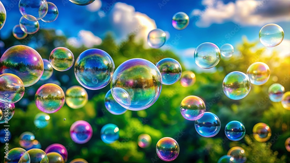 A serene image of soap bubbles floating against a blurry background with a blue sky A serene image of soap bubbles floating against a blurry background with a blue sky