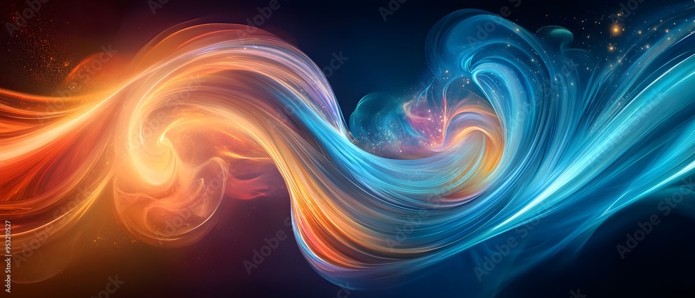Abstract swirling blue and orange lines with glow and sparkles. Abstract swirling blue and orange lines with glow and sparkles.