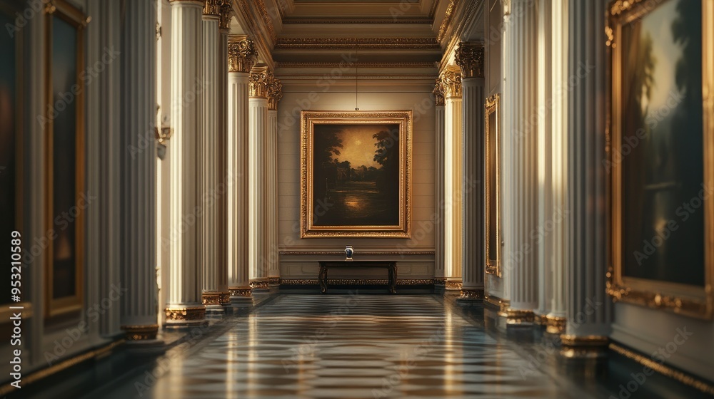 A beautiful classic painting in an ornate gold frame, hanging in a grand gallery, symbolizing timeless art A beautiful classic painting in an ornate gold frame, hanging in a grand gallery, symbolizing timeless art