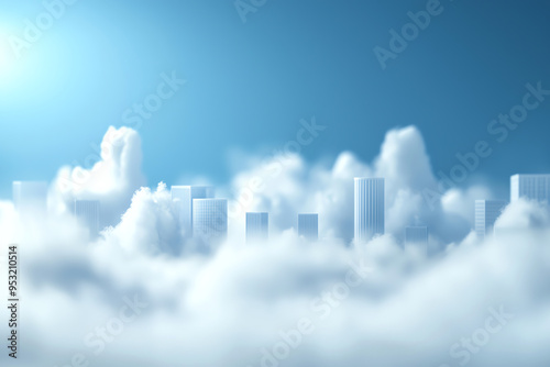 A serene view of a city skyline partially obscured by soft clouds, illuminated by bright sunlight in a clear blue sky.