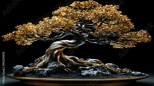 A golden bonsai tree with a...