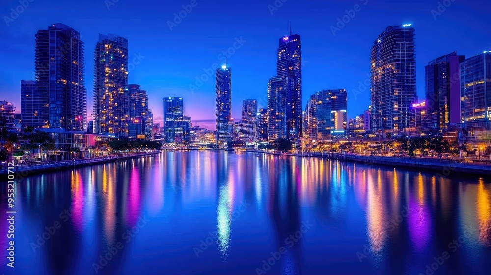 A blue hour cityscape with buildings and lights reflecting on a river, creating a serene atmosphere A blue hour cityscape with buildings and lights reflecting on a river, creating a serene atmosphere