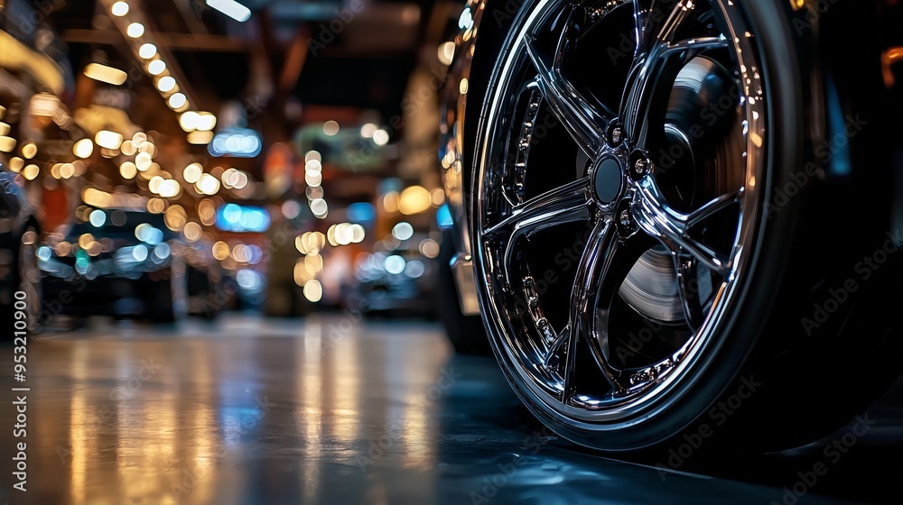 A polished car wheel in a showroom, reflecting the bright lights, emphasizing the sleek design and premium quality of the automobile. A polished car wheel in a showroom, reflecting the bright lights, emphasizing the sleek design and premium quality of the automobile.