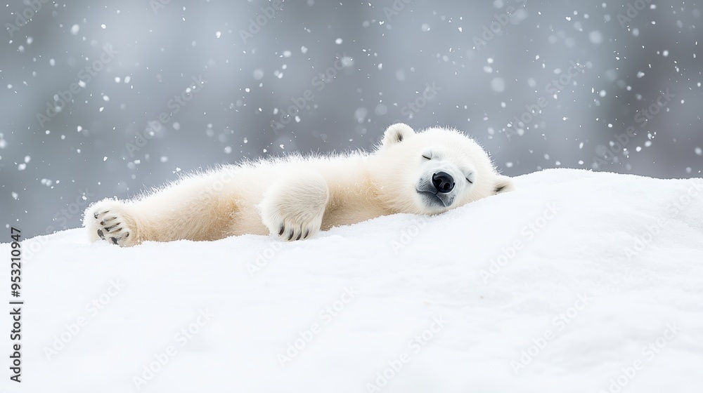 Fotografie Sleeping Polar Bear Cub in Snowstorm