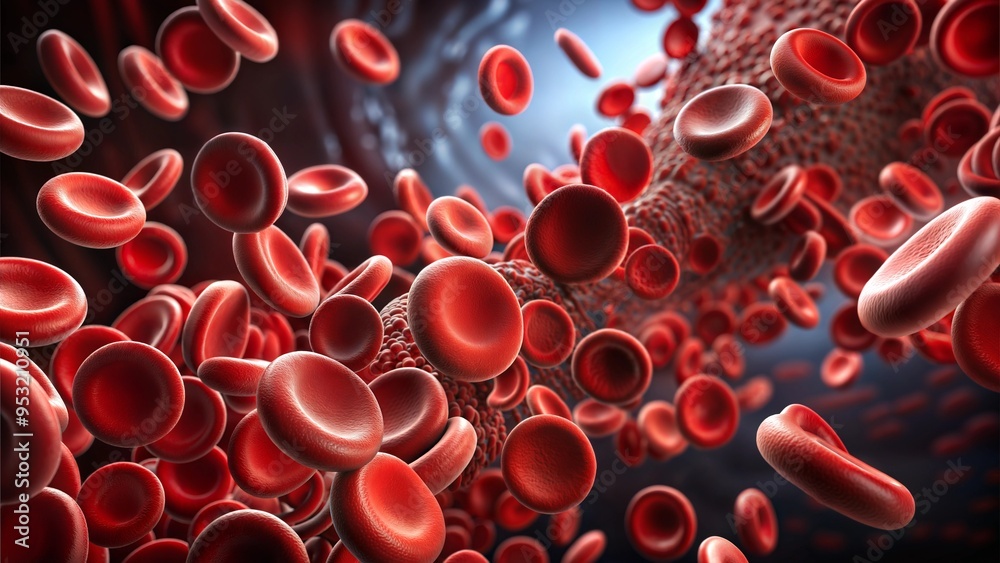 Red blood cells in motion with detailed texture and high contrast background for medical concept