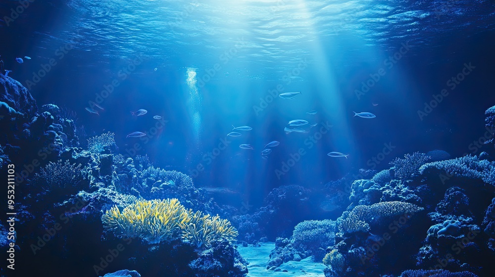 A blue-tinted underwater scene with fish swimming through coral reefs, showcasing marine life A blue-tinted underwater scene with fish swimming through coral reefs, showcasing marine life