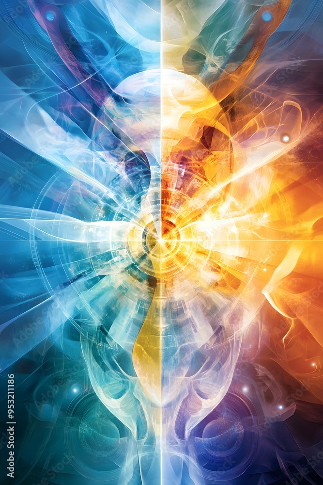 Abstract Digital Art - Blue and Orange Swirls with Central Design. Abstract Digital Art - Blue and Orange Swirls with Central Design.