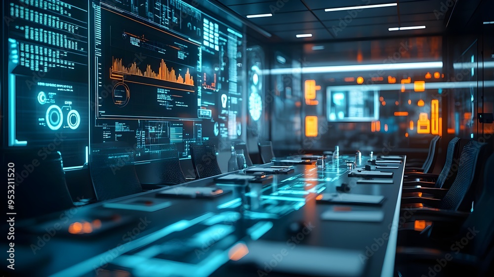 Naklejka premium Futuristic Conference Room with Holographic Displays
