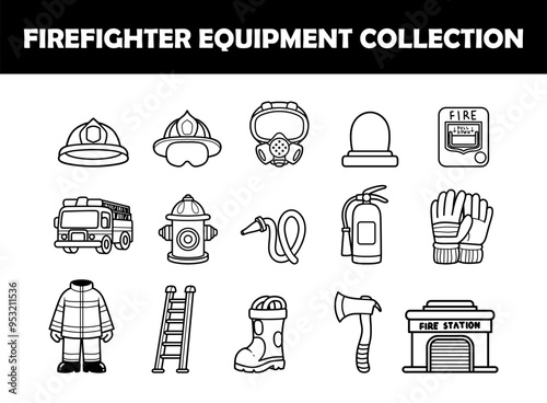 Firefighter element outline vector illustration set