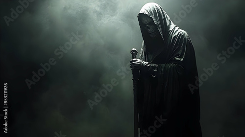 A hooded figure in a dark s...