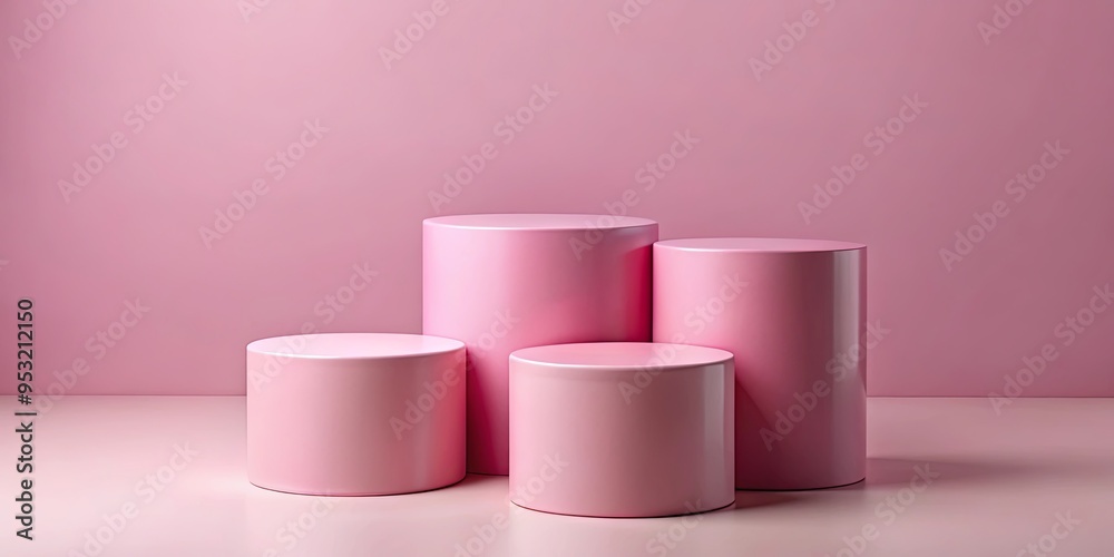 Pink cylindrical plinths for displaying products in a studio setting Pink cylindrical plinths for displaying products in a studio setting