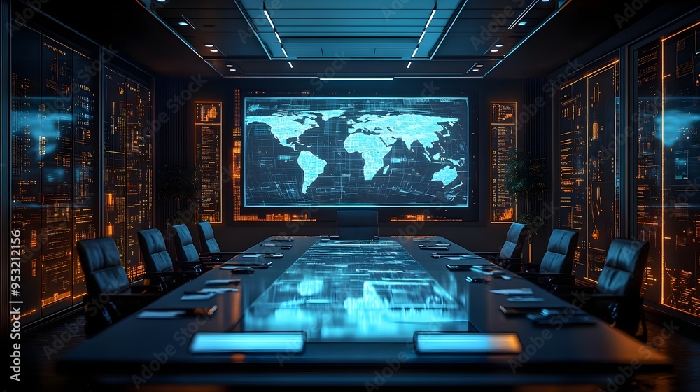 Futuristic Conference Room with World Map Display Futuristic Conference Room with World Map Display