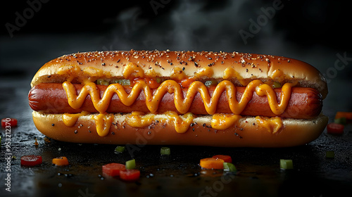 A hot dog with mustard and ...