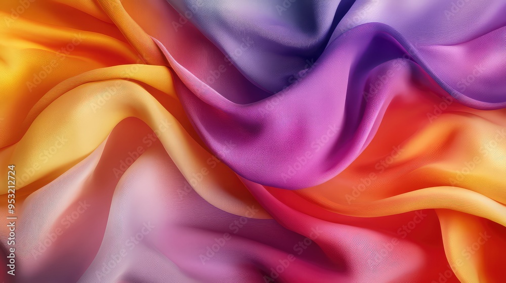 Fototapeta premium An abstract composition with soft, flowing fabric in various colors, creating a dynamic, wavy pattern on a smooth background.