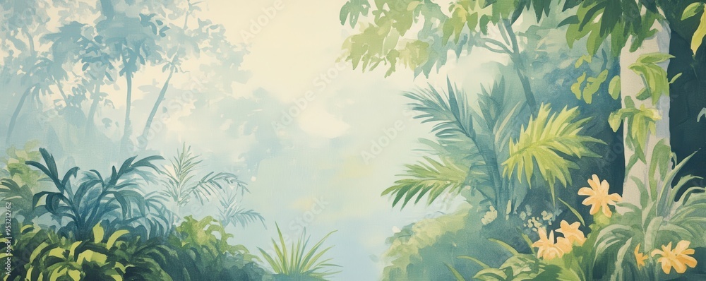 Lush tropical jungle scene with vibrant foliage, soft mist, and serene atmosphere, perfect for relaxation and nature themes. Lush tropical jungle scene with vibrant foliage, soft mist, and serene atmosphere, perfect for relaxation and nature themes.