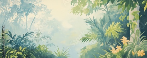 Lush tropical jungle scene with vibrant foliage, soft mist, and serene atmosphere, perfect for relaxation and nature themes.