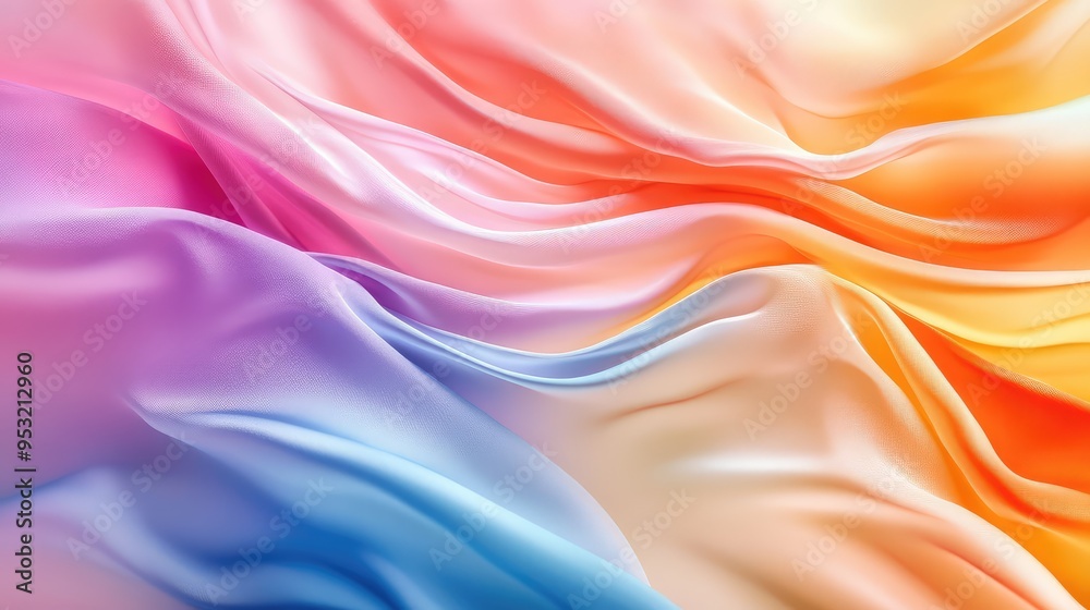Fototapeta premium An abstract composition with soft, flowing fabric in various colors, creating a dynamic, wavy pattern on a smooth background.
