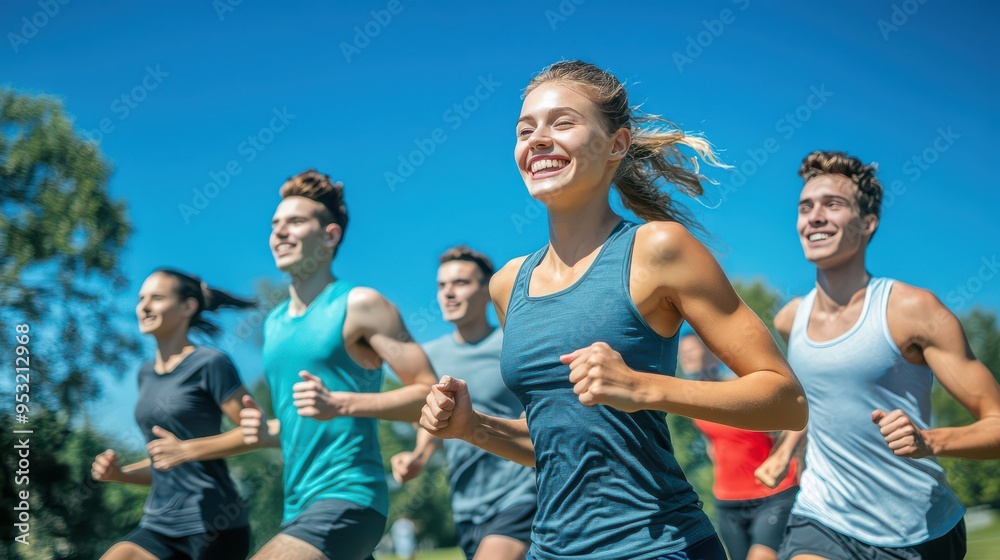 A group of young adults jogging together in a park, motivated and smiling under a bright blue sky A group of young adults jogging together in a park, motivated and smiling under a bright blue sky