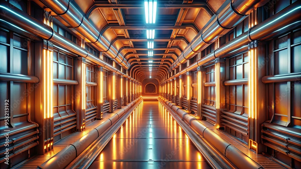 Fototapeta premium Futuristic corridor with glowing orange tubes and metallic structures