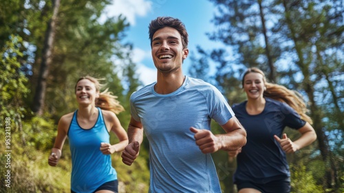 Young adults enjoying a scenic trail run through the woods, energized and smiling under a blue sky