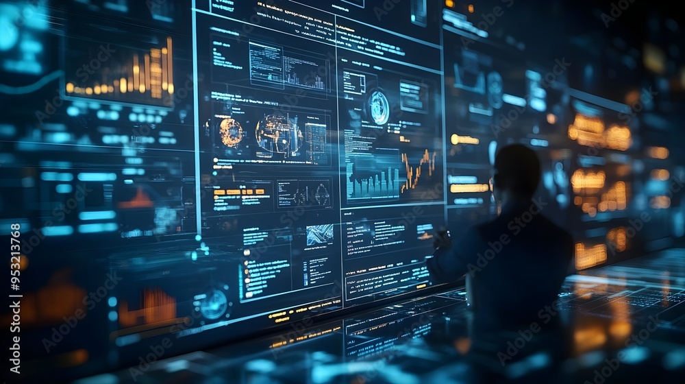 Futuristic Data Analyst Working on Screens Futuristic Data Analyst Working on Screens