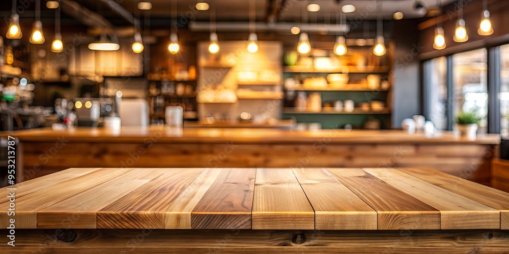 Empty wooden board on coffee shop table for product display Empty wooden board on coffee shop table for product display