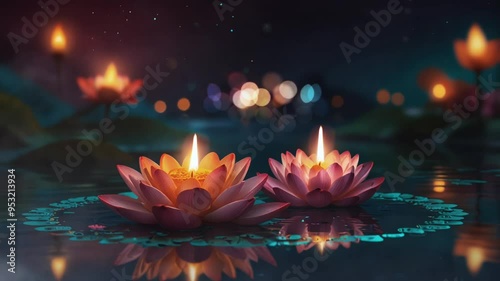 lotus flowers in lake with candles in diwali celebration, smooth looping video 4k.