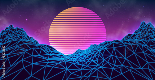 Futuristic landscape with mountains and sunset. 80s retro neon concept. Vector illustration.