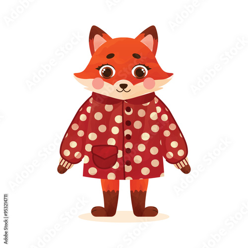 Autumn fox with lovely red coat in polka dots. Autumn forest warm animal. Watercolor vector illustration.