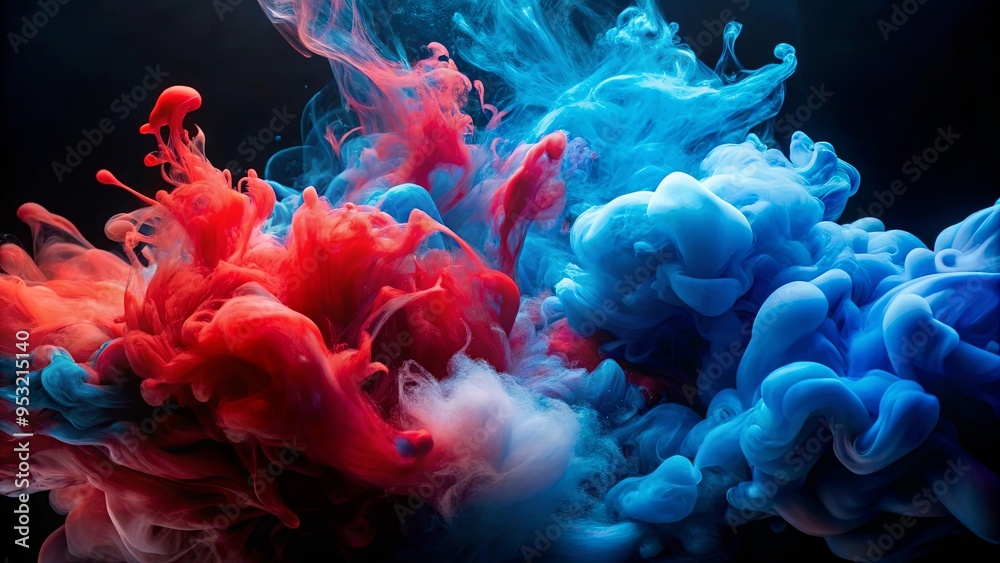 Fototapeta premium Abstract background of swirling acrylic blue and red colors in water with ink blot on black backdrop