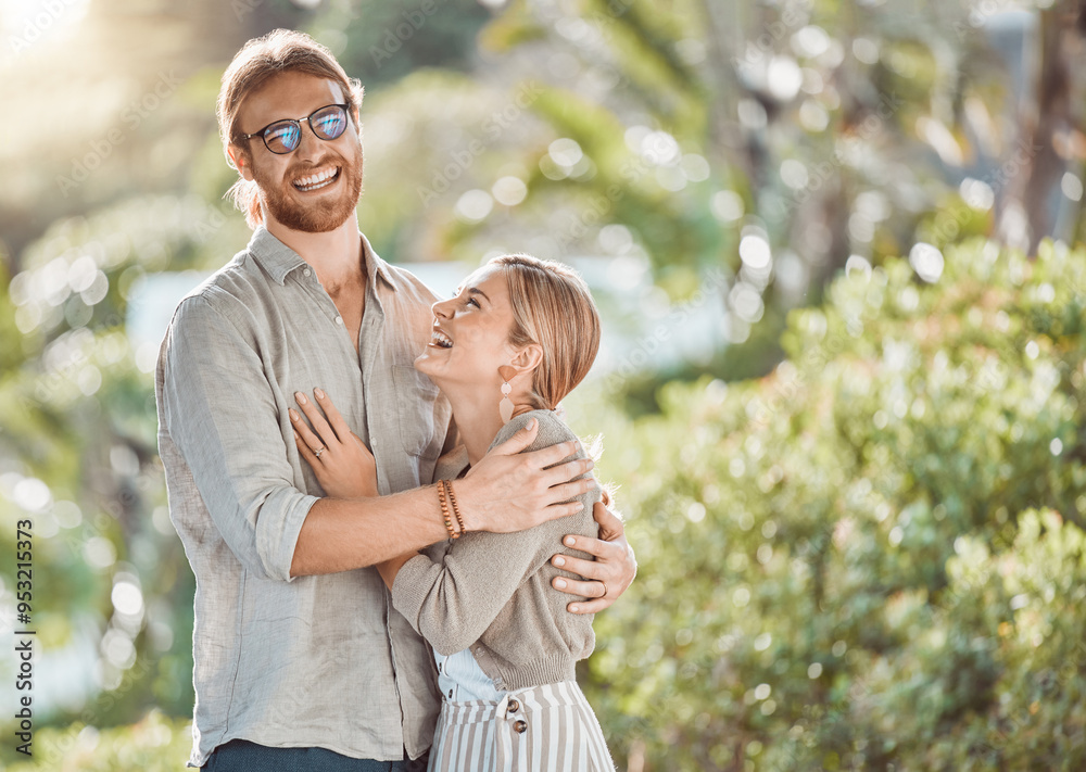 Fototapeta premium Couple, hug and laughing with love in garden with care, bonding and outdoor in spring for connection. People, man and woman in embrace, funny joke or smile in backyard for memory by trees in Croatia