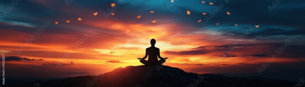 A serene silhouette meditating against a vibrant sunset, embodying peace and tranquility amidst nature's beauty. A serene silhouette meditating against a vibrant sunset, embodying peace and tranquility amidst nature's beauty.